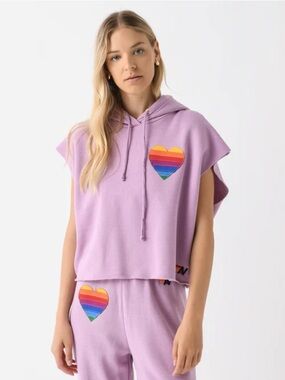 Aviator Nation Rainbow Heart Stitch Sleeveless Cropped Hoodie small EUC